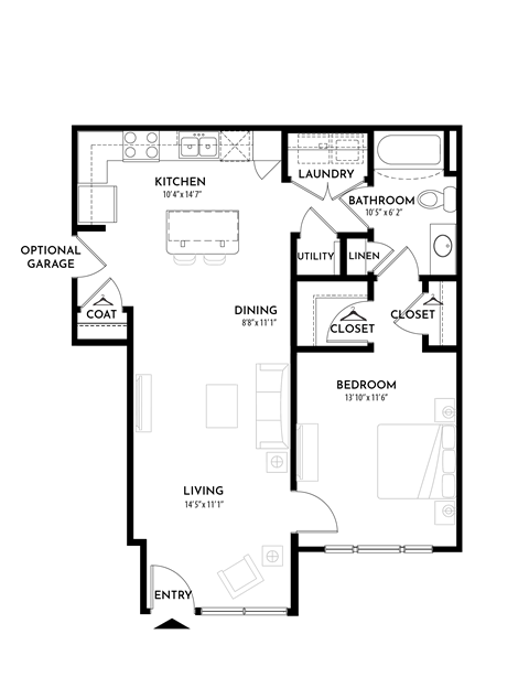 Floor plan for 1 bed, 1 bath, 760 sqft